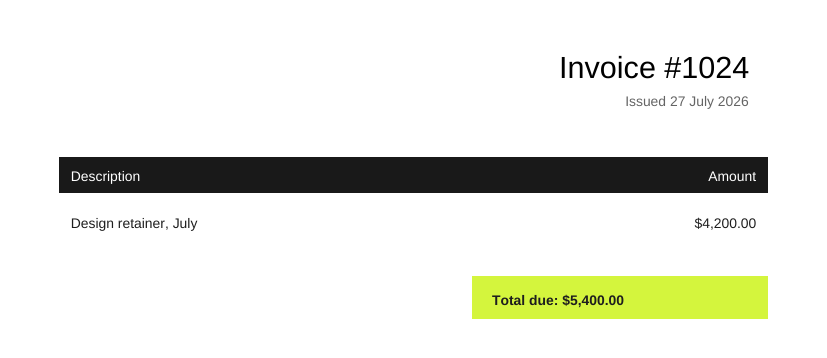 jsPDF's programmatic output: a clean minimal invoice drawn entirely from coordinates