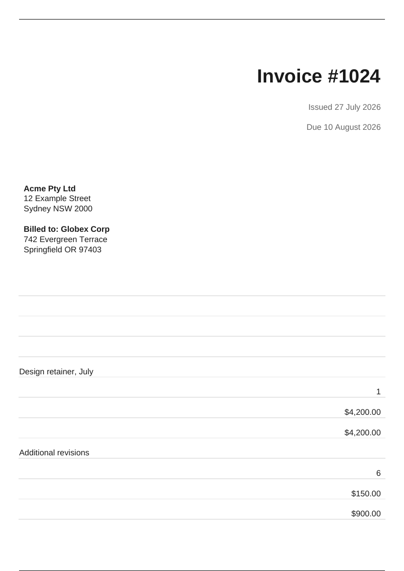 The invoice through TCPDF: no backgrounds, no logo, no styling on the total, just text and hairlines
